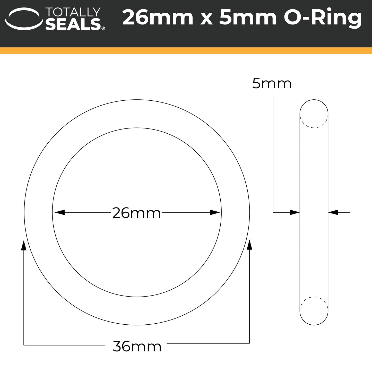 26mm x 5mm (36mm OD) Nitrile O-Rings - Totally Seals®