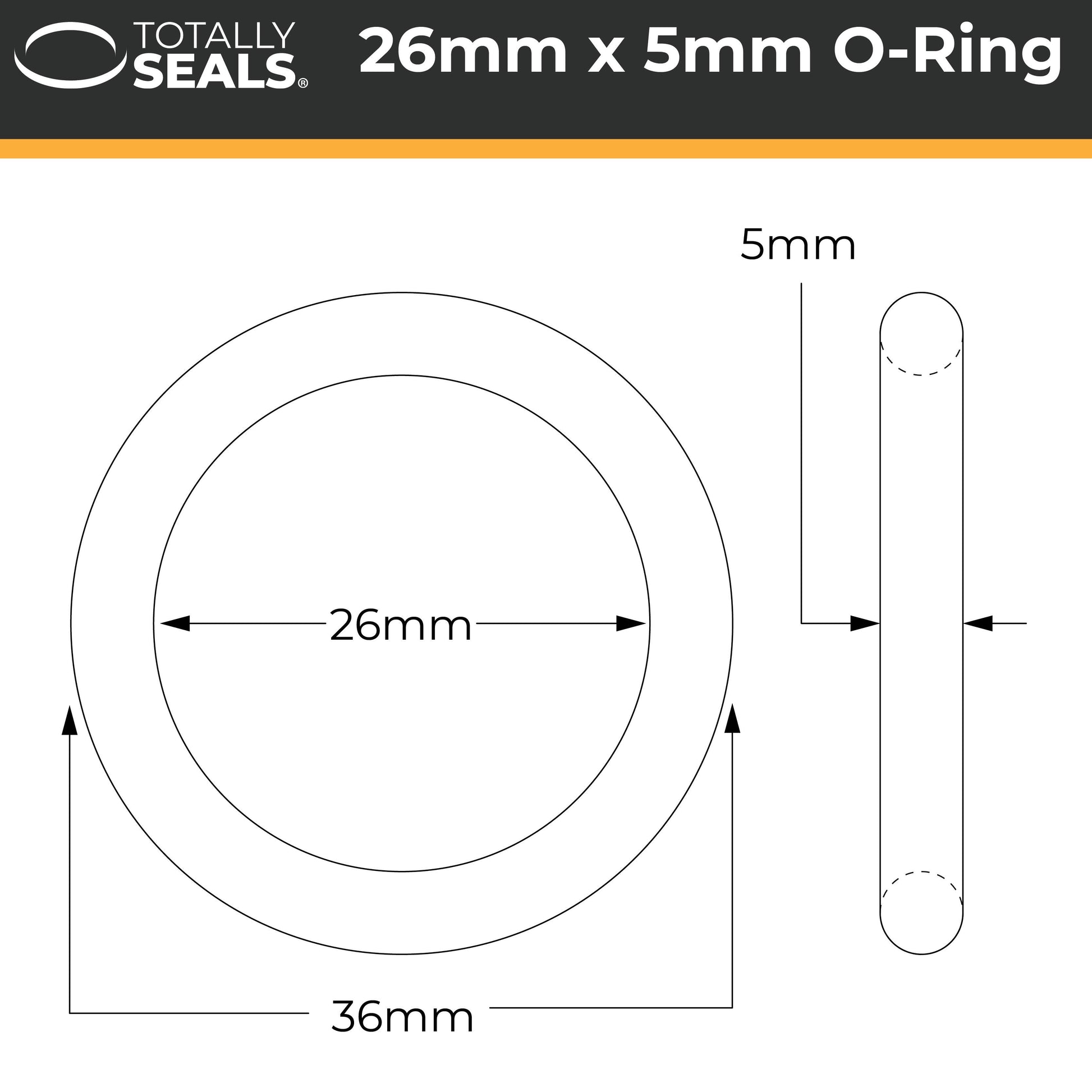 26mm x 5mm (36mm OD) Nitrile O-Rings - Totally Seals®