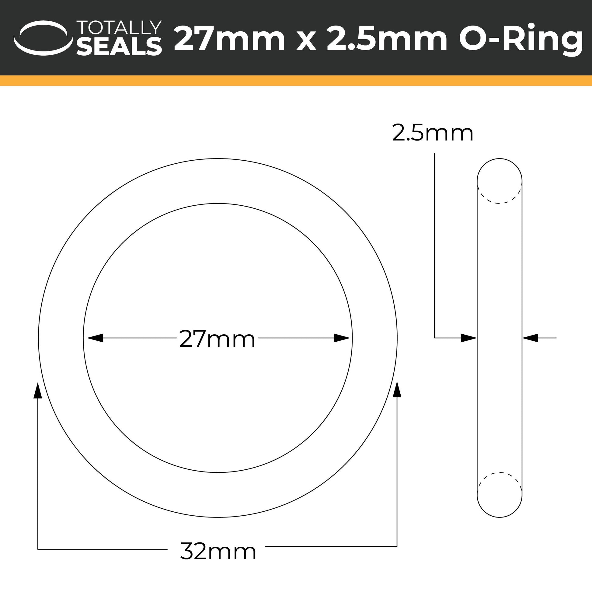 27mm x 2.5mm (32mm OD) Nitrile O-Rings - Totally Seals®
