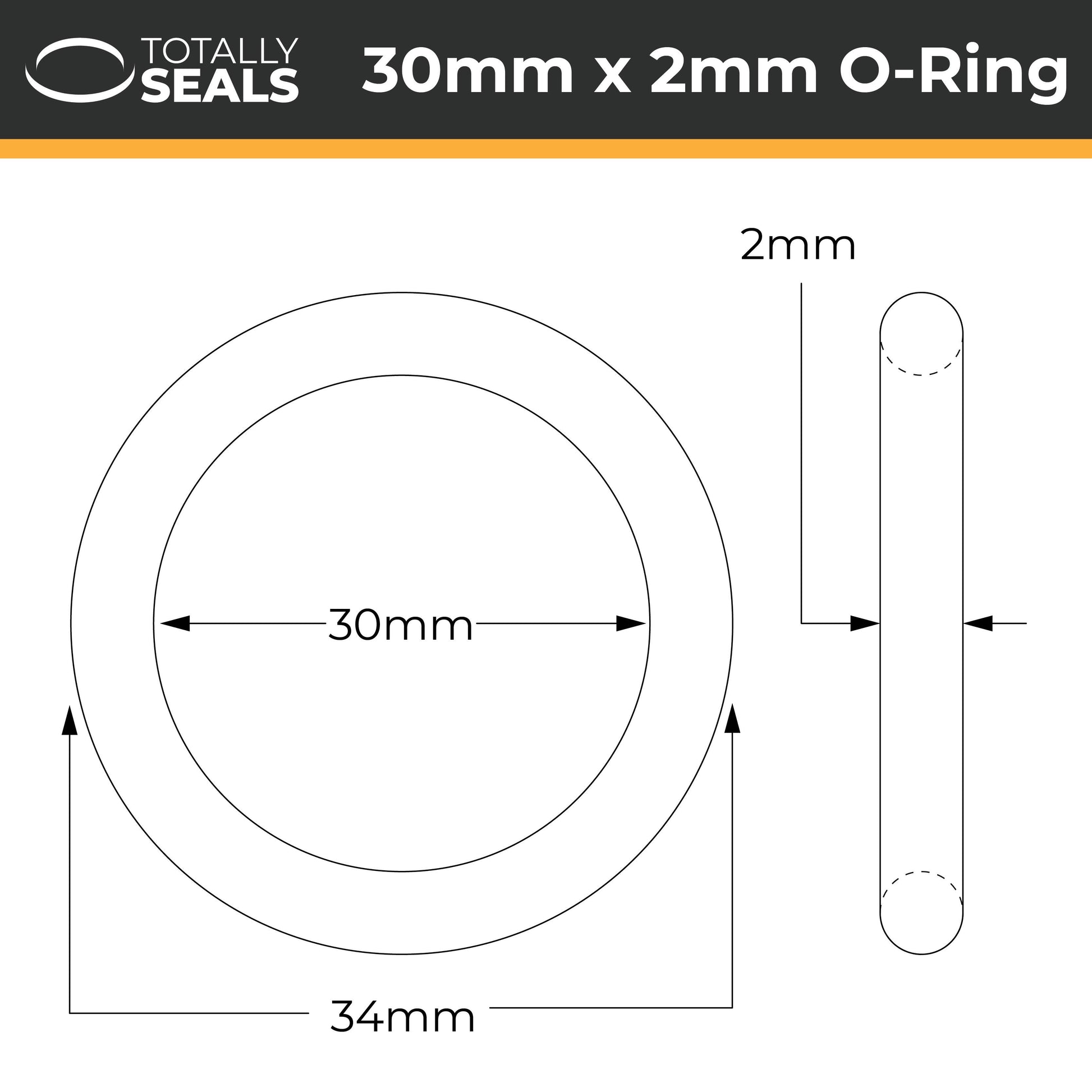 30mm x 2mm (34mm OD) Nitrile O-Rings - Totally Seals®