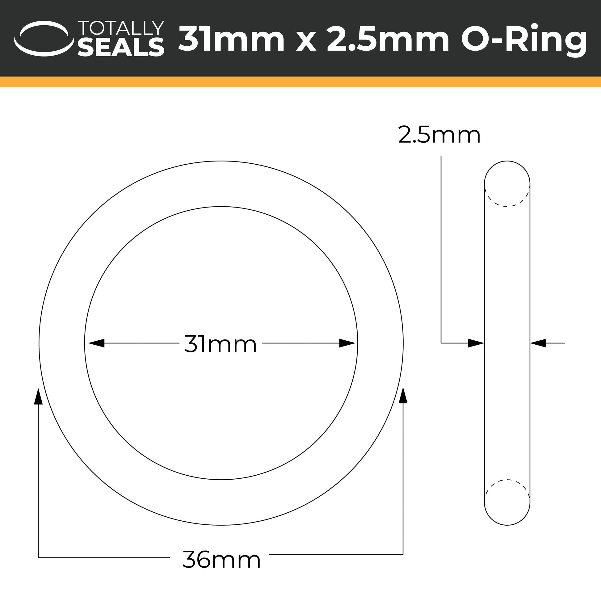 31mm x 2.5mm (36mm OD) Nitrile O-Rings - Totally Seals®