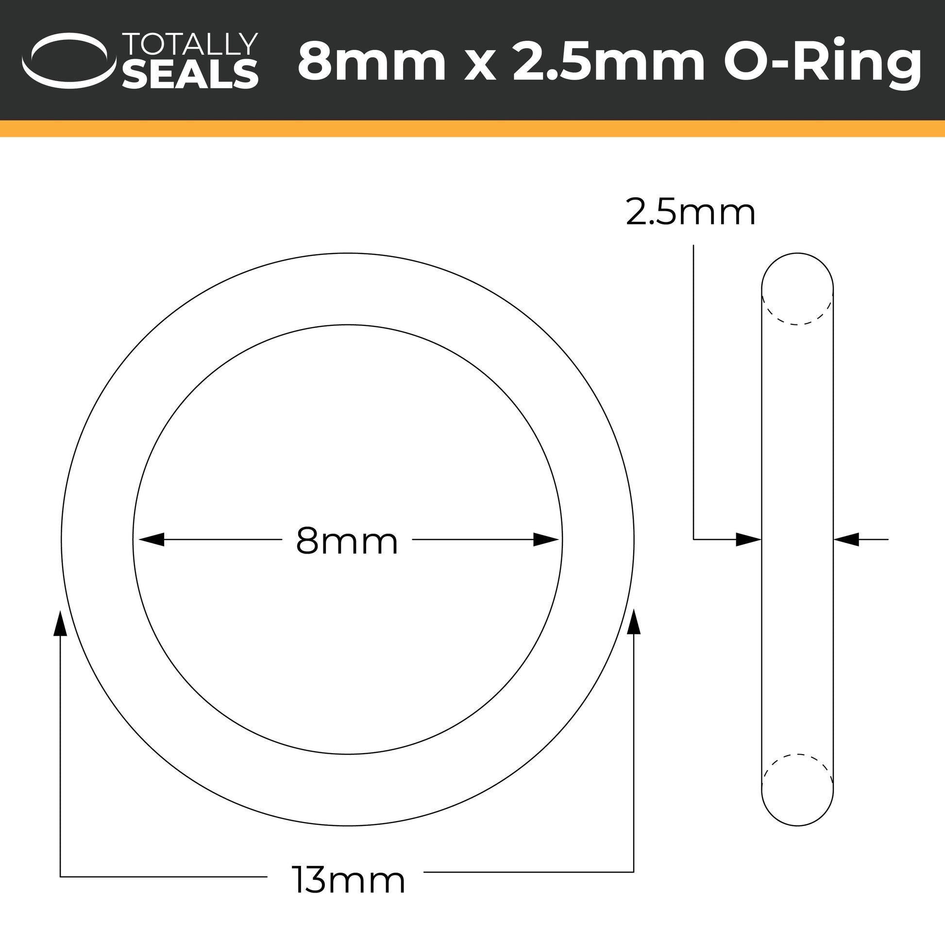8mm x 2.5mm (13mm OD) FKM (Viton™) O-Rings - Totally Seals®